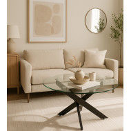 Mesa centro de cristal redonda DAN con patas cruzadas