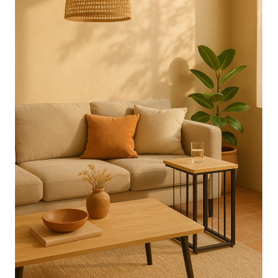 Mesa Auxiliar Aruba – Roble y metal negro, diseño compacto