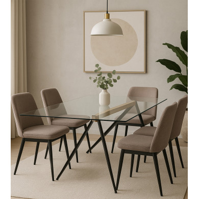 Mesa de Comedor Marama – Cristal templado, roble y metal negro