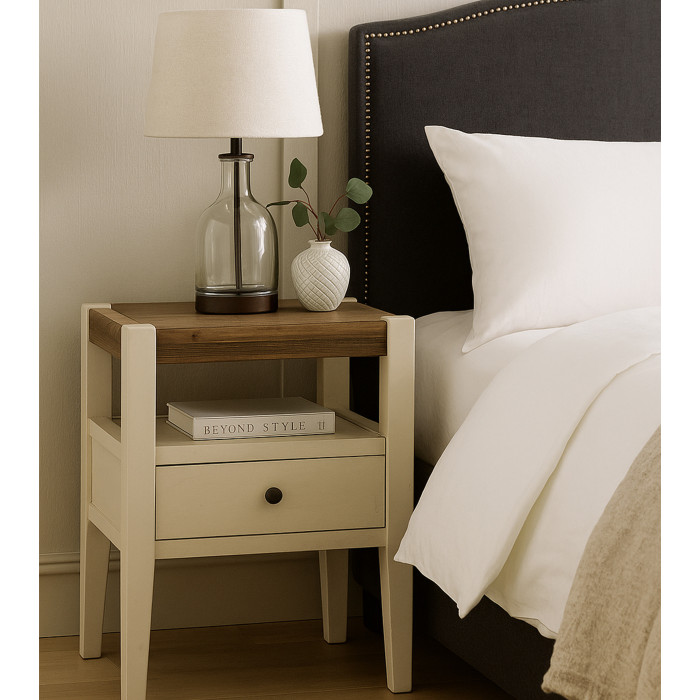 Mesita de noche Marlow – Estilo Country blanco y madera natural