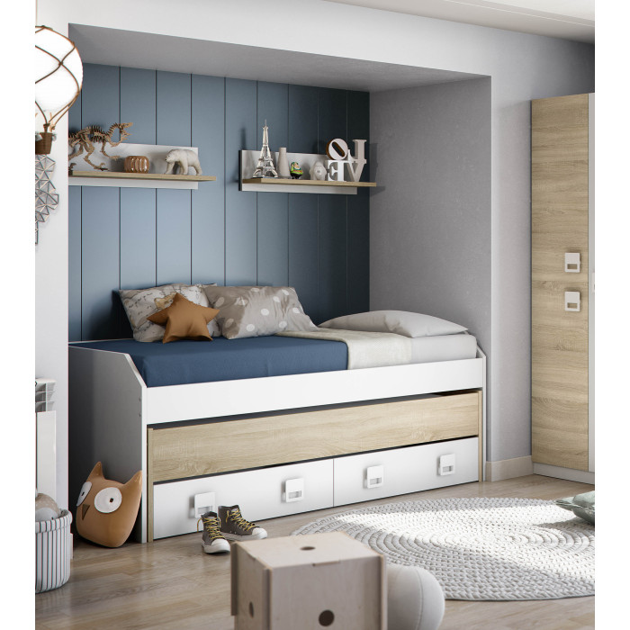 Cama nido Tomy con estantes – Doble cama y almacenaje práctico
