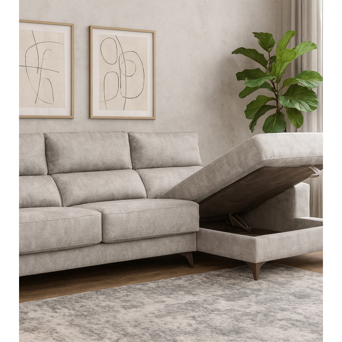 Sofá Chaise Longue Vis – Con arcón, asientos extraíbles y respaldos reclinables