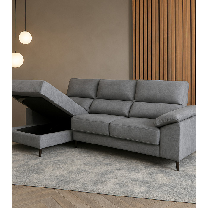 Sofá Chaise Longue Vis – Con arcón, asientos extraíbles y respaldos reclinables