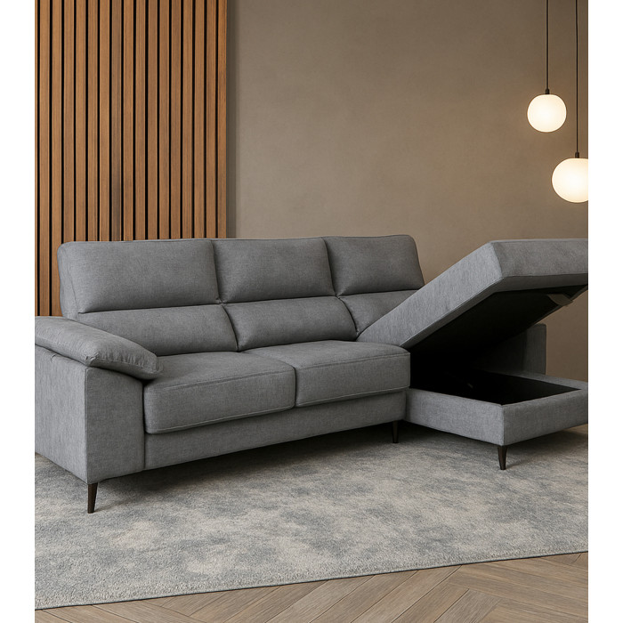 Sofá Chaise Longue Vis – Con arcón, asientos extraíbles y respaldos reclinables