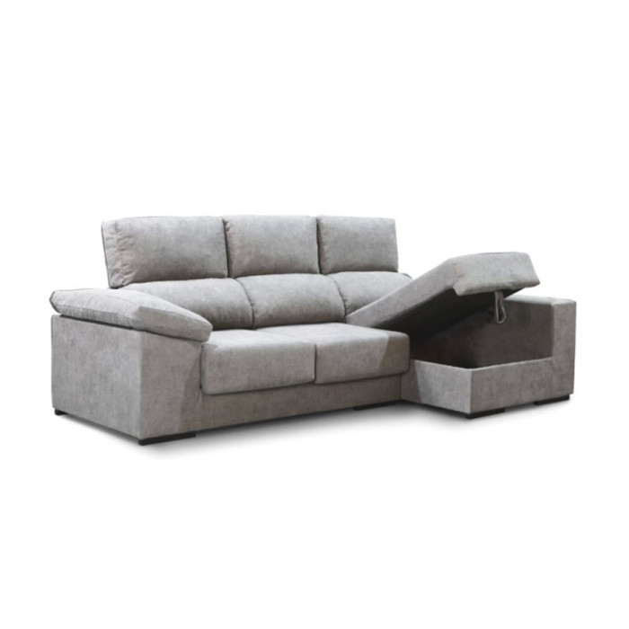 Sofá Chaise Longue Marcia – 3 plazas con asientos deslizantes, pouf y arcón