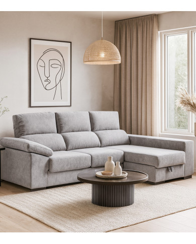 Sofá Chaise Longue Marcia – 3 plazas con asientos deslizantes, pouf y arcón Sofá Chaise Longue Marcia – 3 plazas con asientos deslizantes, pouf y arcón