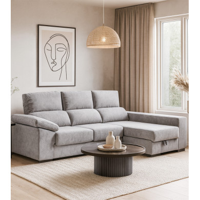 Sofá Chaise Longue Marcia – 3 plazas con asientos deslizantes, pouf y arcón