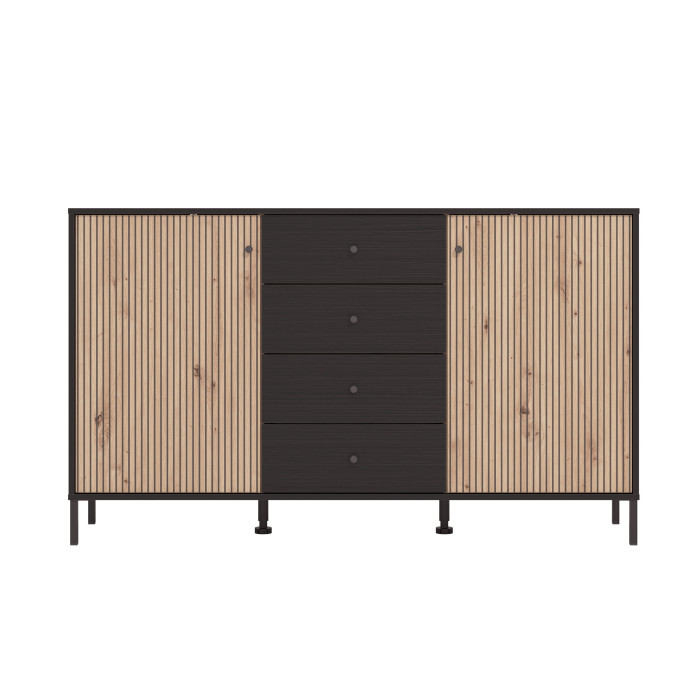 Aparador Tania con 2 puertas y 4 cajones – Acabado ébano y roble artisán