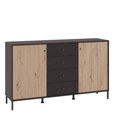 Aparador Tania con 2 puertas y 4 cajones – Acabado ébano y roble artisán