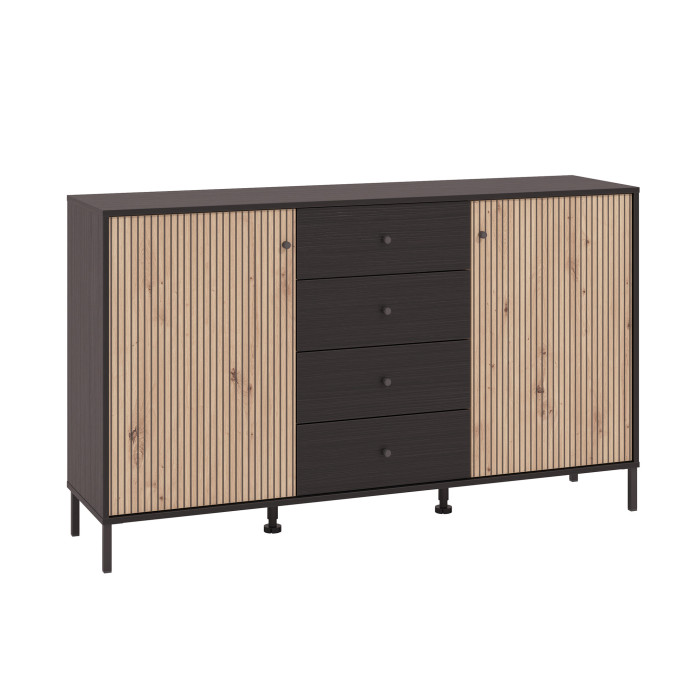 Aparador Tania con 2 puertas y 4 cajones – Acabado ébano y roble artisán