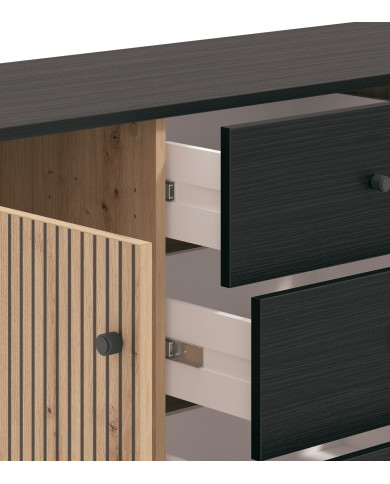 Aparador Tania con 2 puertas y 4 cajones – Acabado ébano y roble artisán