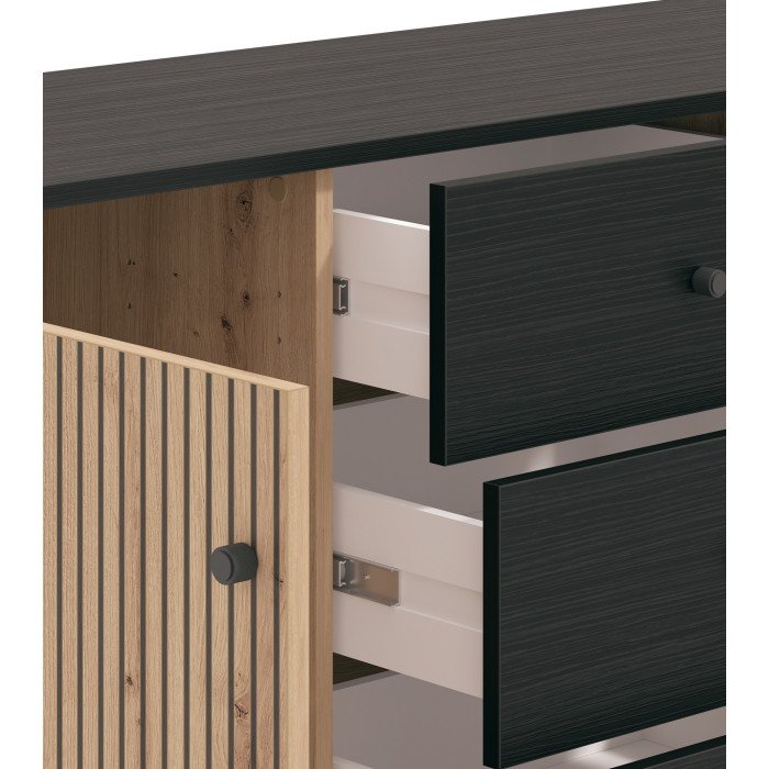 Aparador Tania con 2 puertas y 4 cajones – Acabado ébano y roble artisán