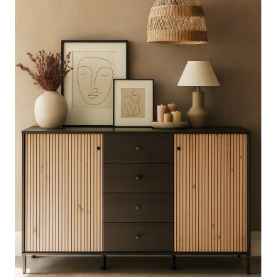 Aparador Tania con 2 puertas y 4 cajones – Acabado ébano y roble artisán Aparador Tania con 2 puertas y 4 cajones – Acabado ébano y roble artisán