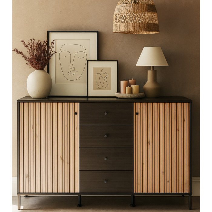 Aparador Tania con 2 puertas y 4 cajones – Acabado ébano y roble artisán