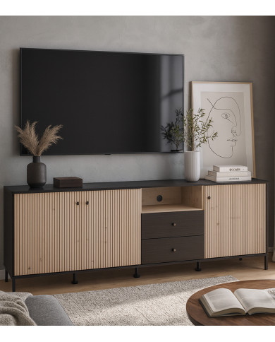 Mueble TV Tania con 4 cuerpos – Ébano y roble artisan