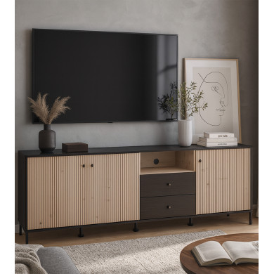 Mueble TV Tania con 4 cuerpos – Ébano y roble artisan