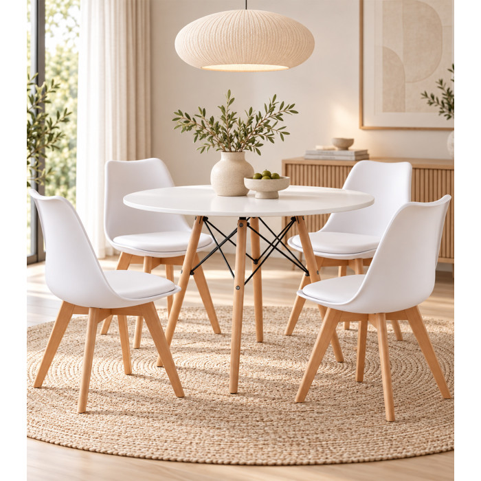 Pack mesa redonda Nórdica blanca de 80 cm con 4 sillas Tulipa