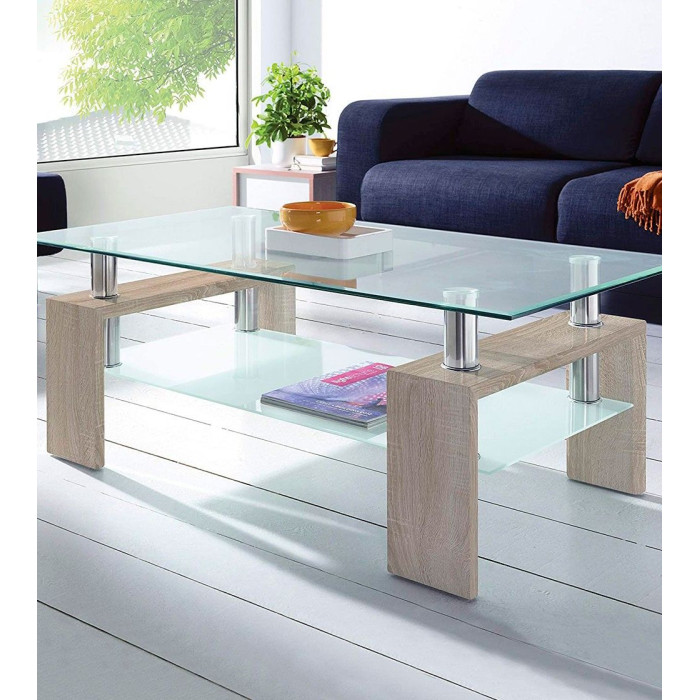 Mesa de centro Kendra - Mesa de centro de cristal y madera