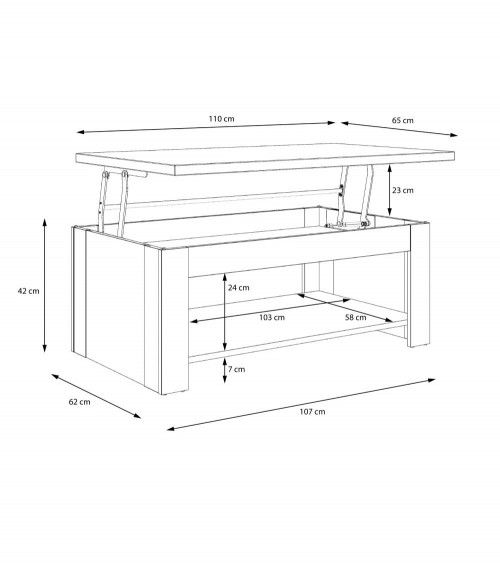 Mesa centro elevable DUMI. Mesa auxiliar de salón elevable con revistero en  color blanco 110 X 65 cm