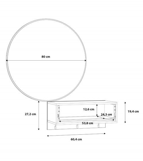 Mueble entrada recibidor con espejo redondo de pared de 80cm TULY. Mueble  colgante con cajón y 3 colgadores.