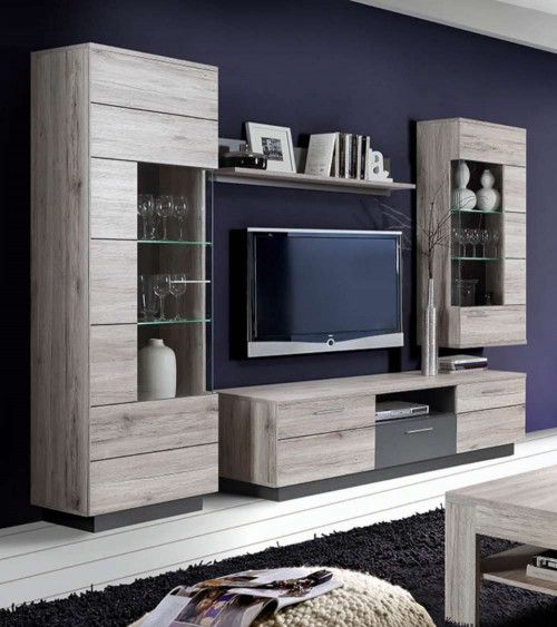 Juego salón mueble TV 4 puertas, módulo superior, estante de