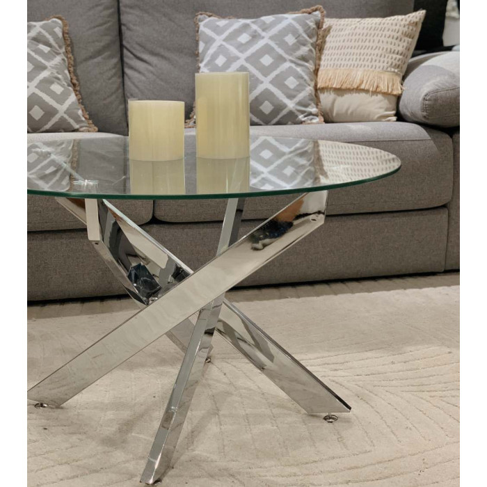 Mesa centro de cristal redonda DAN con patas cruzadas