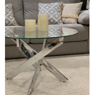 Mesa centro de cristal redonda DAN con patas cruzadas