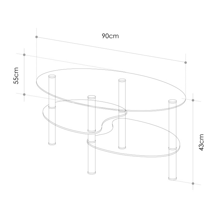 Mesa centro cristal DENISE, ovalada con revistero
