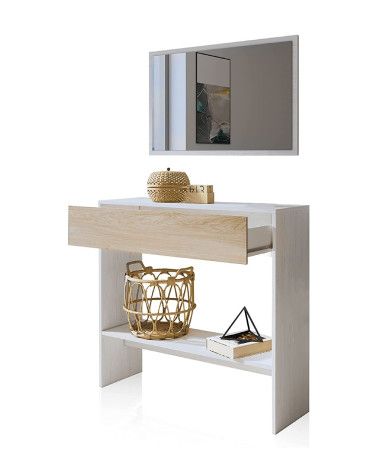 Mueble recibidor con espejo de pared DARCY. 91,5x85x27,9 cm. Consola con  cajón y estante inferior.